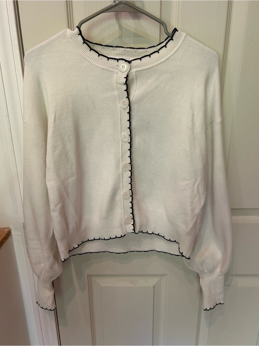 White Cropped Button-Front Cardigan with Black Scalloped Trim